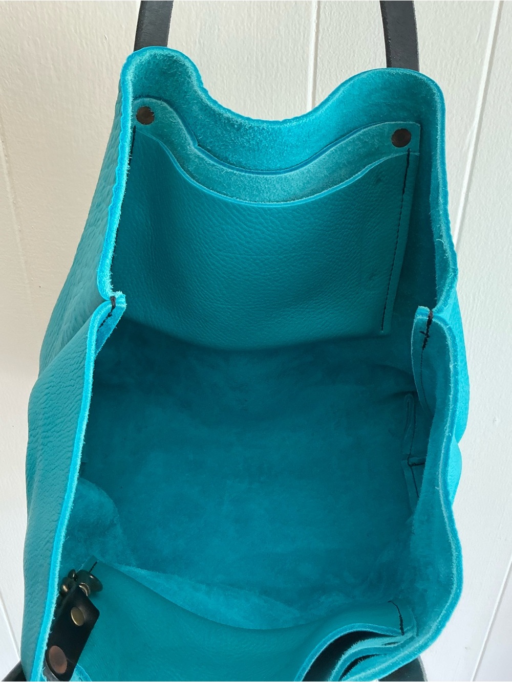 Rare Go Forth Goods Avery Handmade Leather Large Turquoise Blue Handbag Tote Bag - Picture 7 of 7